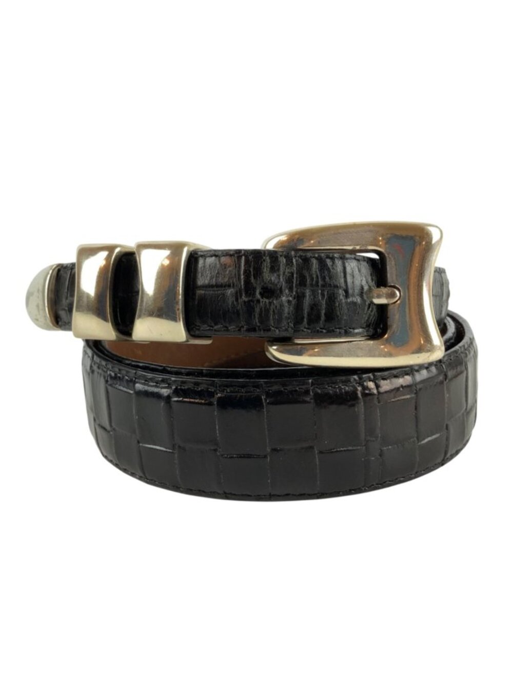 Onyx By Brighton Black Leather Belt Silver-Tone Buckle Sz 40 Basketweave Pattern